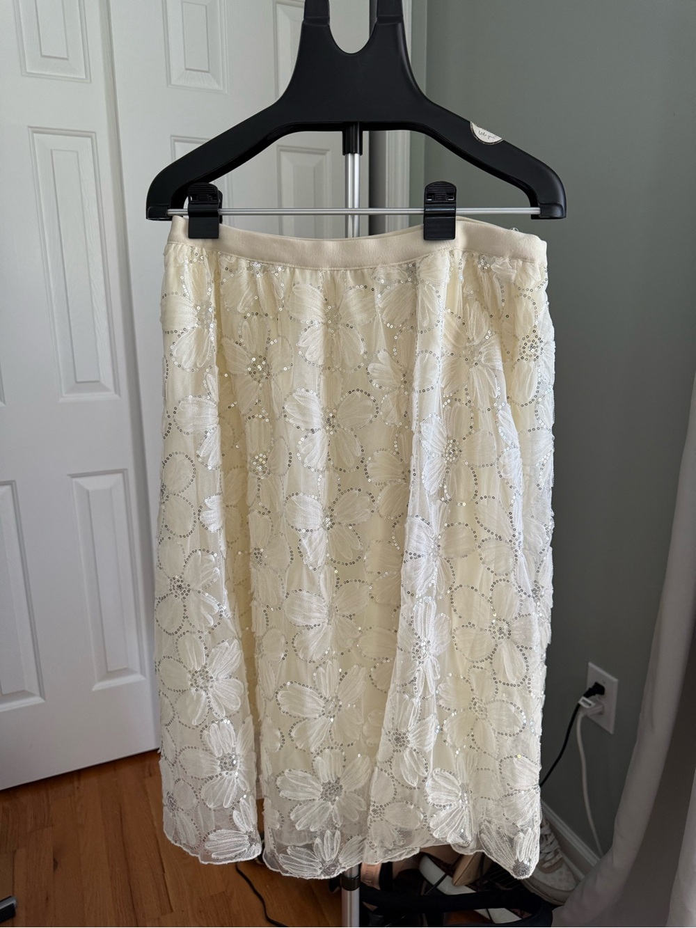 NWT Studio West Large Ivory Embroidered Sequin Floral Midi Skirt Y2K Cottagecore